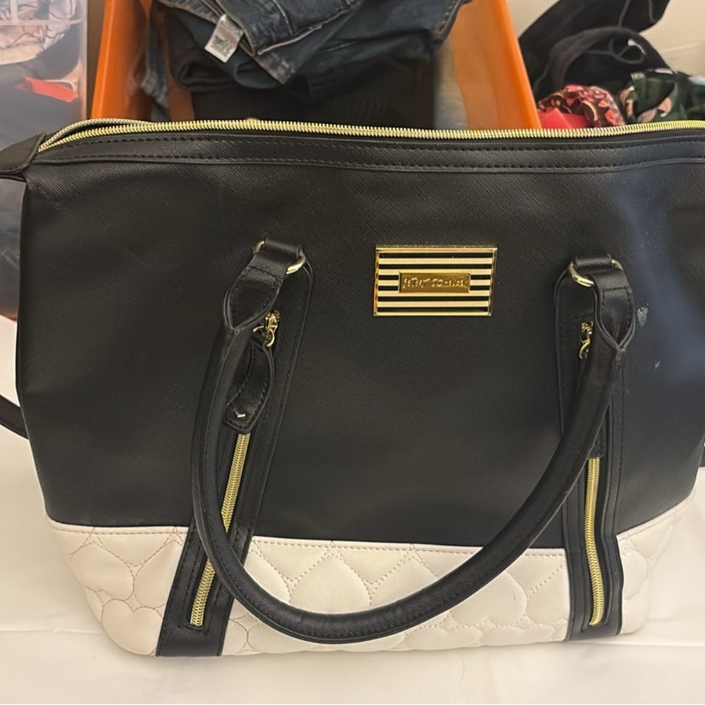 Betsey Johnson Black and White Tote with Gold Accents